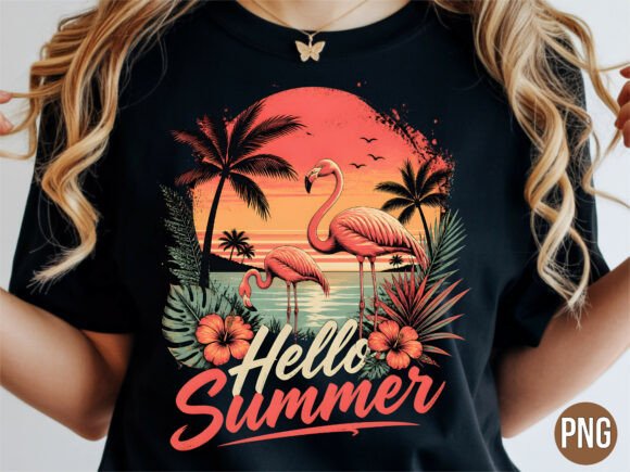 Hello Summer Flamingo Palm Tree PNG
