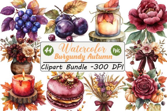 Watercolor Burgundy Autumn Clipart: Elevating Digital Creativity with Timeless Elegance