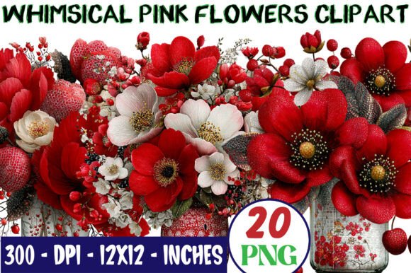Whimsical Pink Flowers Clipart Bundle