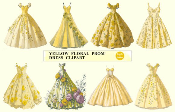 Yellow Floral Prom Dress Clipart